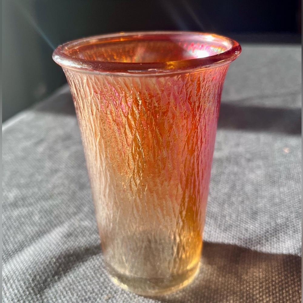 VTG 1- Jeannette marigold carnival iridescent drinking glass "Tree Bark" pat.
